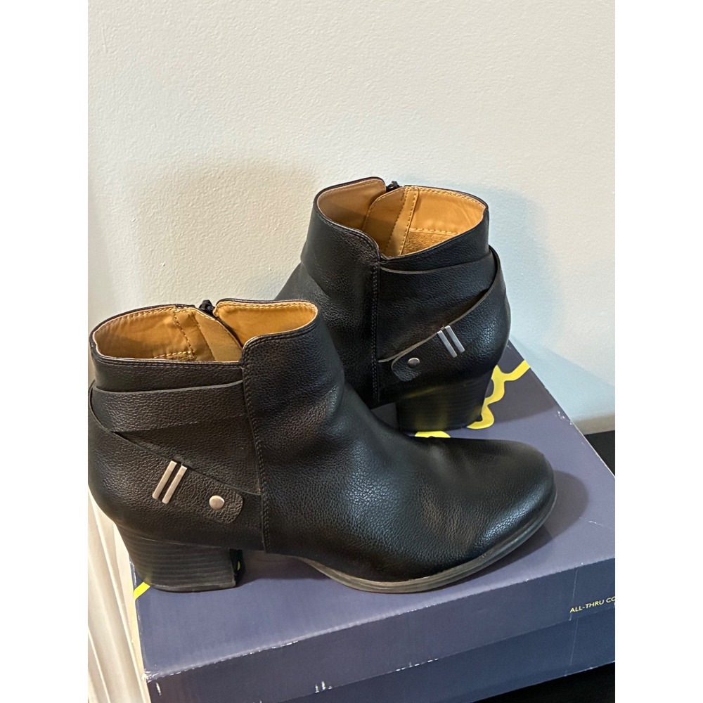 Natural Soul Women's Black Leather Ankle Boots, Comfort Casual Heel Zip‎ 9.5